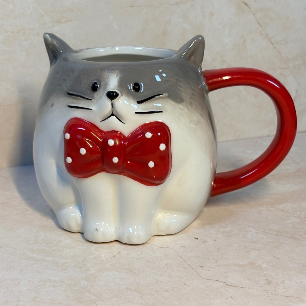 Wondershop Target Cat Mug Gray White Red Polka Dot Bow Tie Sculpted Earthenware